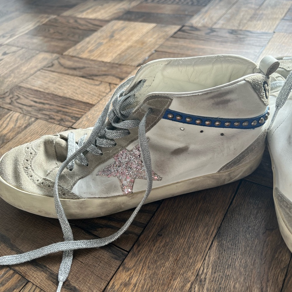 Golden Goose Mid-Star White, Beige & Pink Glitter High-Top Sneakers - Picture 4 of 10